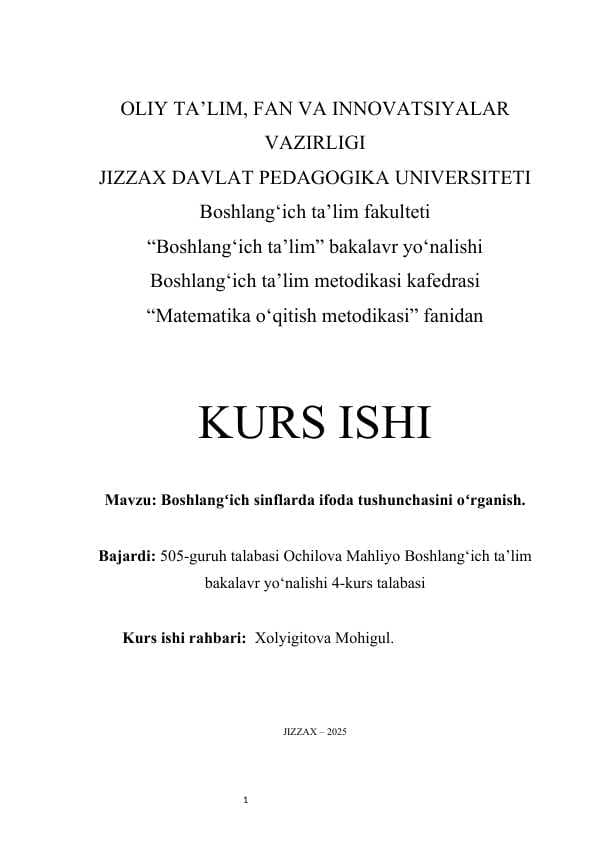 Boshlangʻich sinflarda koʻpaytirish va boʻlishni oʻrgatish metodlari kurs ishi