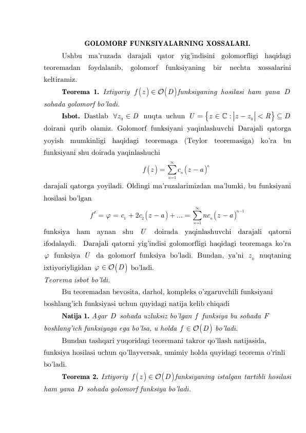 Golomorf funksiyalarning xossalari