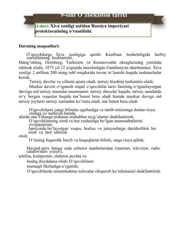 Xiva xonligi ustidan Rossiya imperiyasi protektoratining o‘rnatilishi.