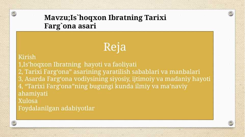 Is`hoqxon Ibratning Tarixi Farg`ona asari