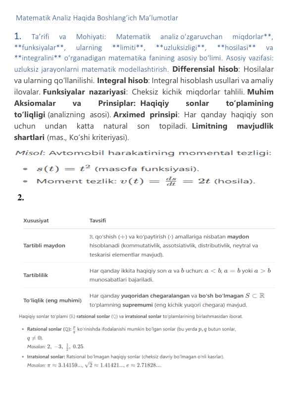 Dekart koordinatalar sistemasida tekislik,Аniqmas integral va uni topishning sodda usullari,Chiziqli va kvadratik formalar, Yevklid fazosidagi kvadrikalar Bezu teoremasi va Gorner sxemasi. Algebraning asosiy teoremasi.