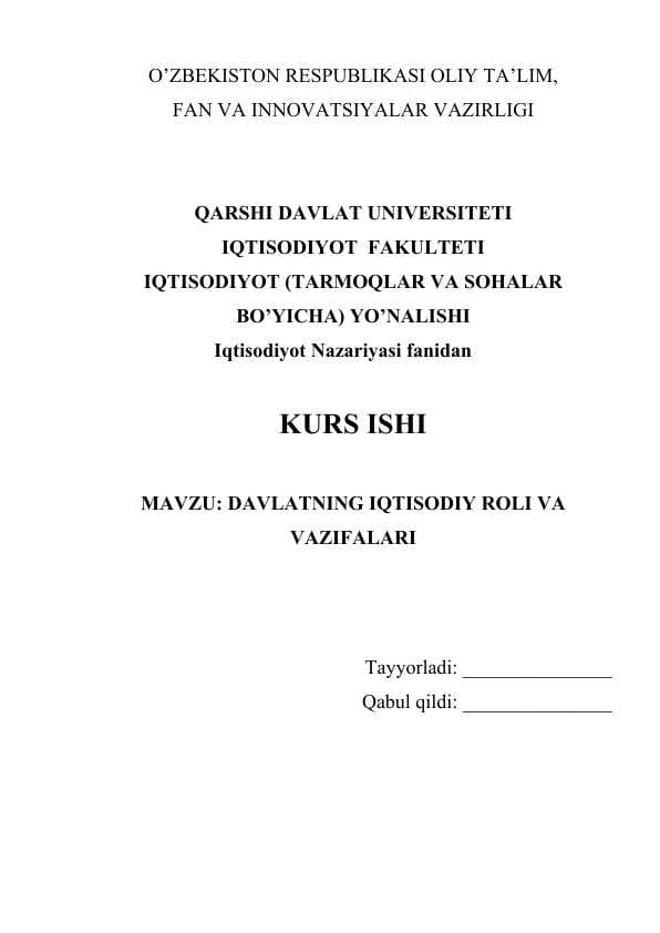 DAVLATNING IQTISODIY ROLI VA VAZIFALARI
