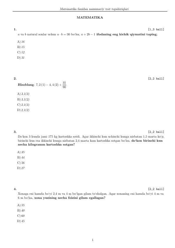 Matematika fanidan milliy sertifikat savollari (tushish ehtimoli bor)