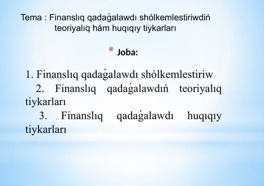 Finanslıq qadaǵalawdı shólkemlestiriwdiń teoriyalıq hám huqıqıy tiykarları