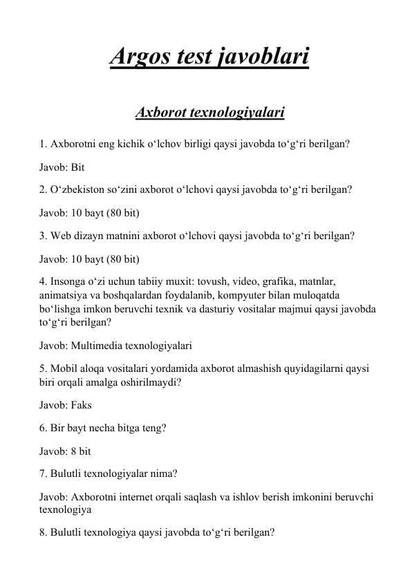 Argos test javoblari