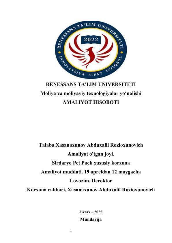 Sirdaryo Pet Pack   AMALIYOT HISOBOTI         MCHJ AMALIYOT HISOBOTI
