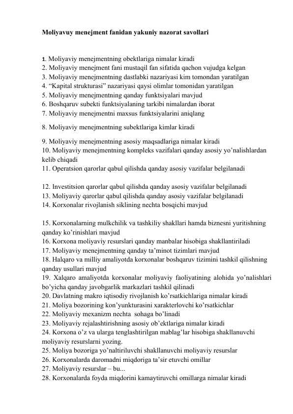 Moliyaviy menejment fanidan yakuniy nazorat savollari