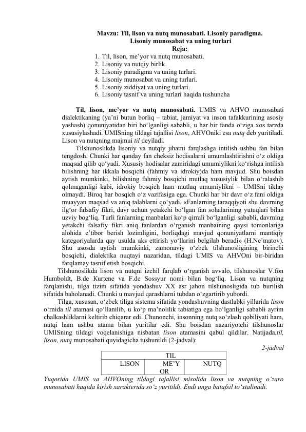 Til, lison va nutq munosabati. Lisoniy paradigma.  Lisoniy munosabat va uning turlari