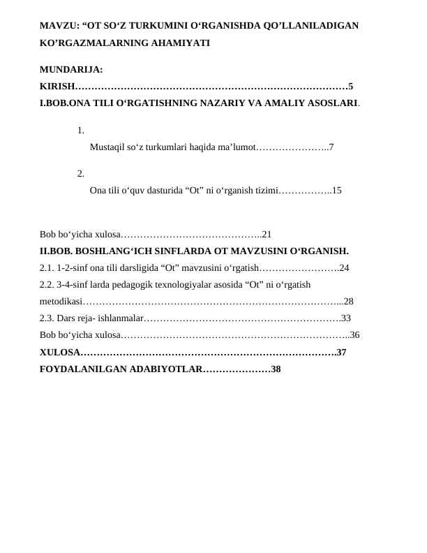 OT SO‘Z TURKUMINI O‘RGANISHDA QO’LLANILADIGAN KO’RGAZMALARNING AHAMIYATI