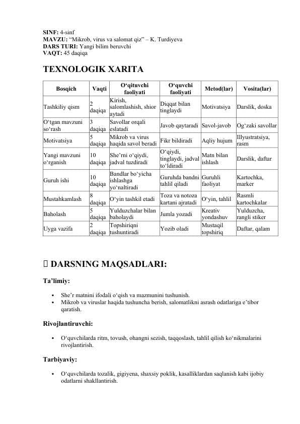 Mikrob, virus va salomat qiz” – K. Turdiyeva