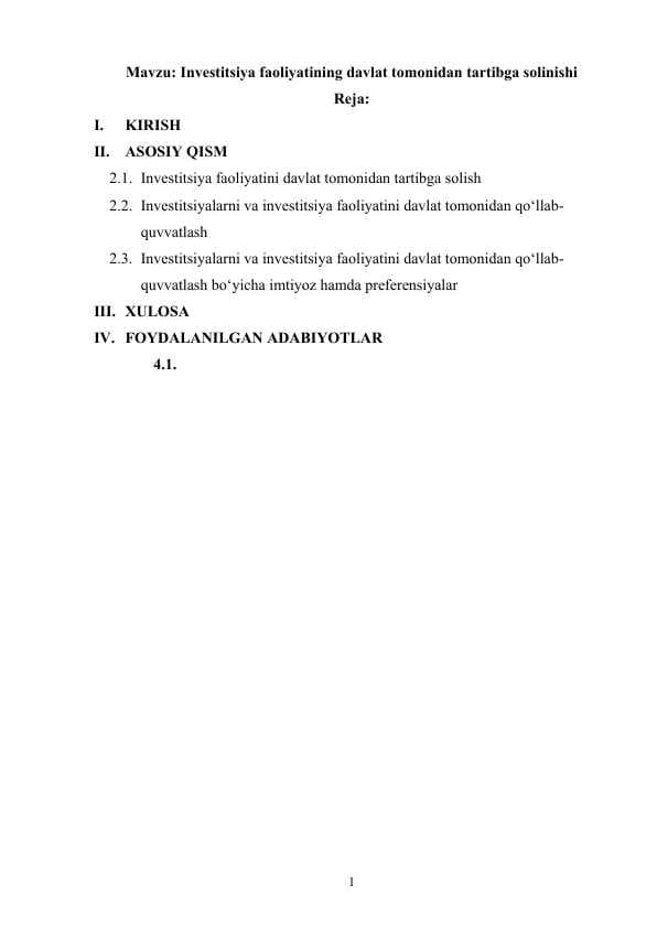 Investitsiya faoliyatining davlat tomonidan tartibga solinishi referat ishi