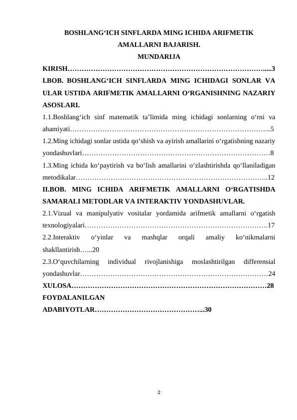 BOSHLANG‘ICH SINFLARDA MING ICHIDA ARIFMETIK AMALLARNI BAJARISH.