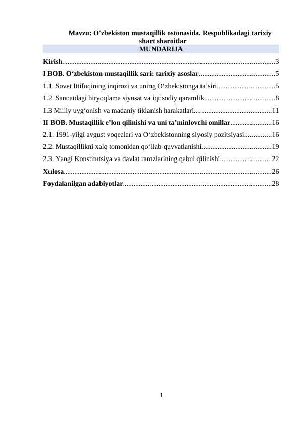 O'zbekiston mustaqillik ostonasida. Respublikadagi tarixiy shart sharoitlar