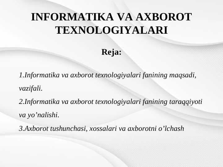 INFORMATIKA VA AXBOROT TEXNOLOGIYALARI