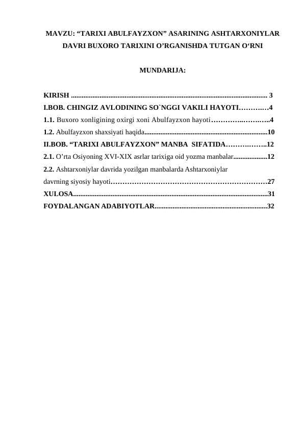 TARIXI ABULFAYZXON ASARINING ASHTARXONIYLAR DAVRI BUXORO TARIXINI