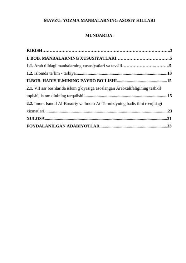YOZMA MANBALARNING ASOSIY HILLARI