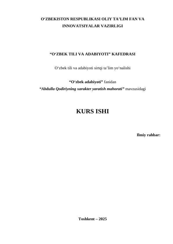“Abdulla Qodiriyning xarakter yaratish mahorati