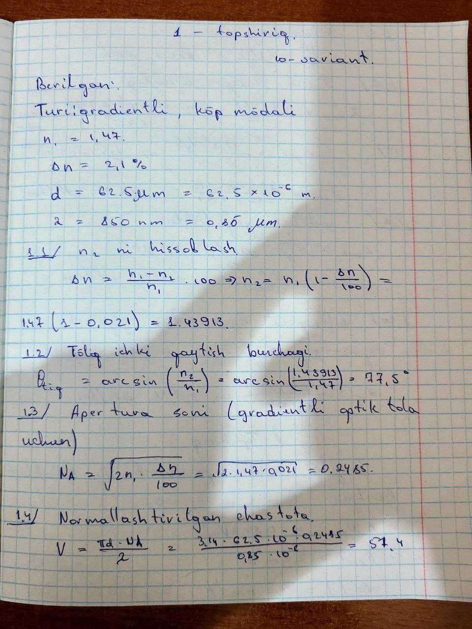OPTIK TOLANING GEOMETRIK PARAMETRLARINI ANIQLASH. OPTIK TOLADA SIGNALNING SO‘NISHINI HISOBLASH
