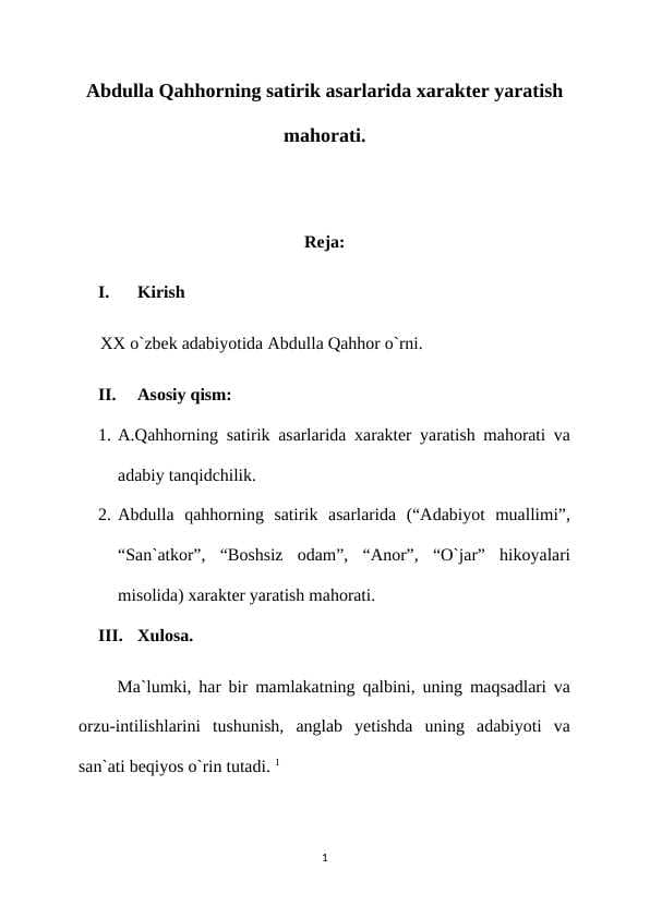 Abdulla Qahhorning satirik asarlarida xarakter yaratish mahorati.