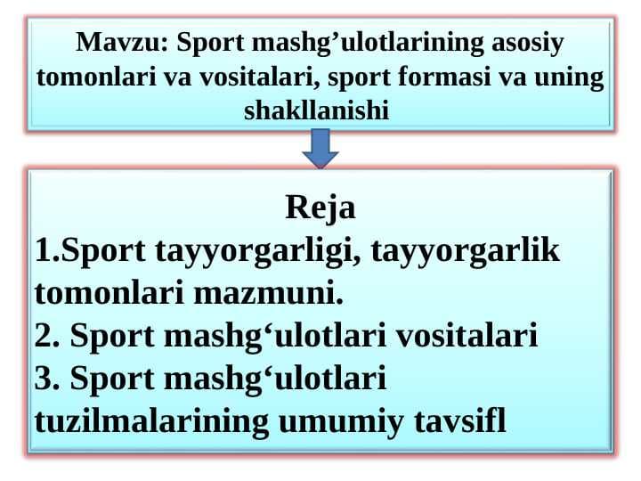 Sport mashg’ulotlarining asosiy tomonlari va vositalari, sport formasi va uning shakllanishi