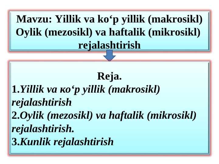 Yillik va ko‘p yillik (makrosikl) Oylik (mezosikl) va haftalik (mikrosikl)  rejalashtirish