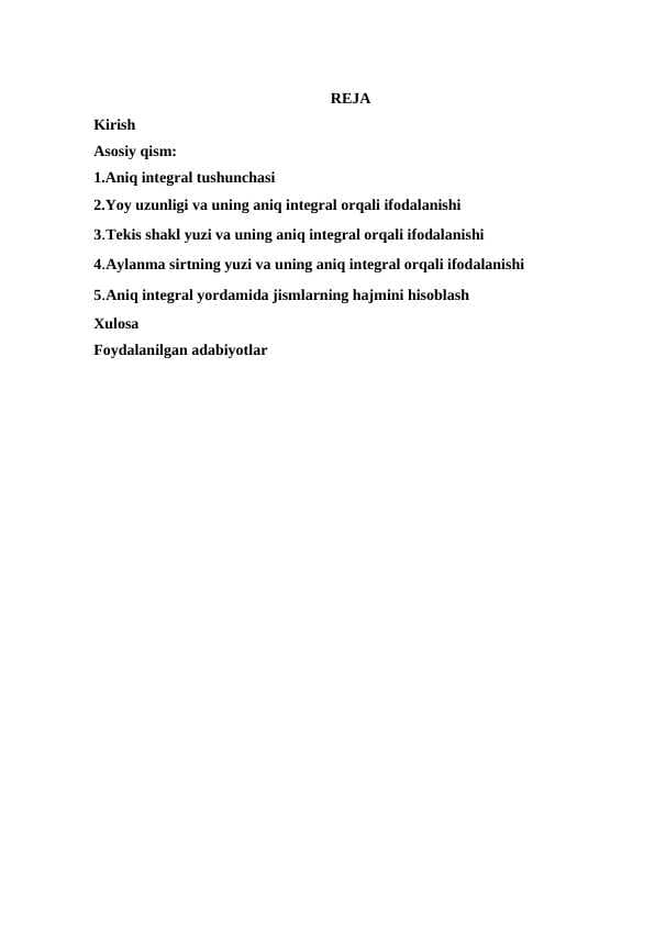 Aniq integralning geometriyaga tatbiqlari kurs ishi
