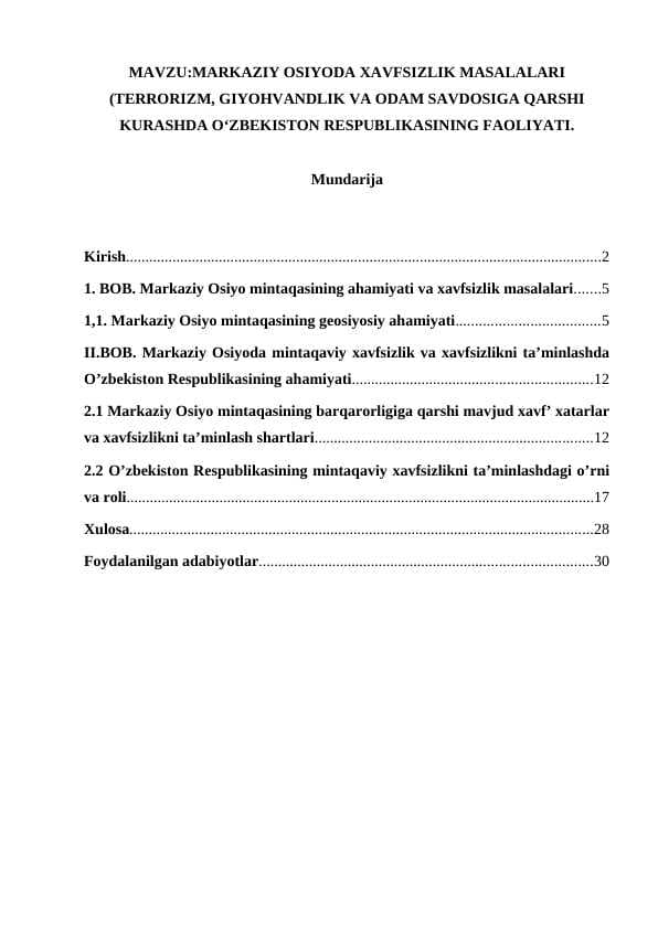 MARKAZIY OSIYODA XAVFSIZLIK MASALALARI (TERRORIZM, GIYOHVANDLIK VA ODAM SAVDOSIGA QARSHI KURASHDA O‘ZBEKISTON RESPUBLIKASINING FAOLIYATI