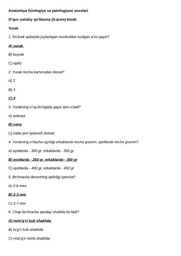 Anatomiya fiziologiya va patologiyasi asoslari  Oʻquv uslubiy qoʻllanma (II-qism) kitobi / Mavzu: Yurak