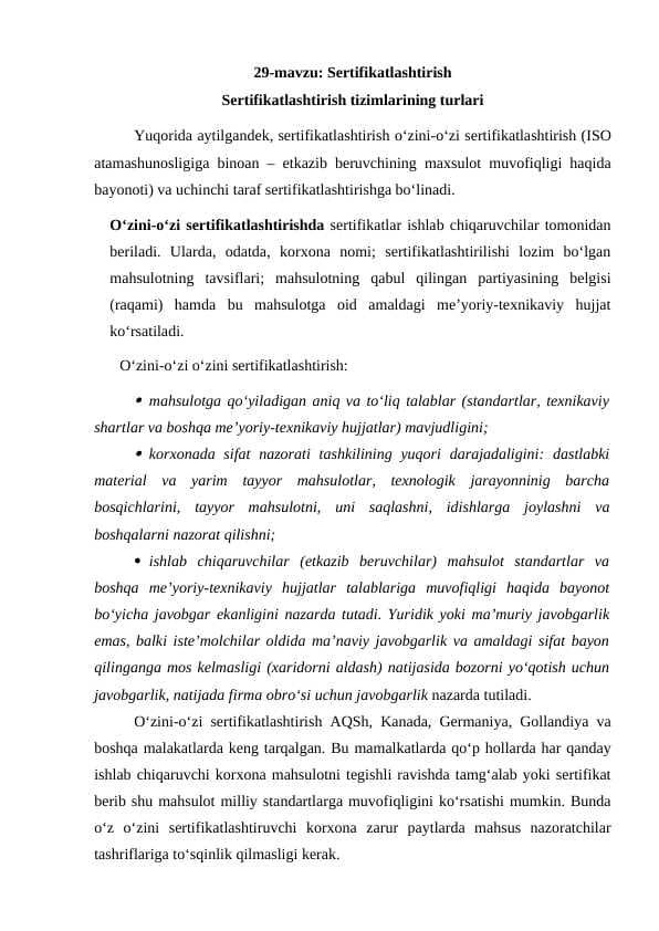 Sertifikatlashtirish Sertifikatlashtirish tizimlarining turlari