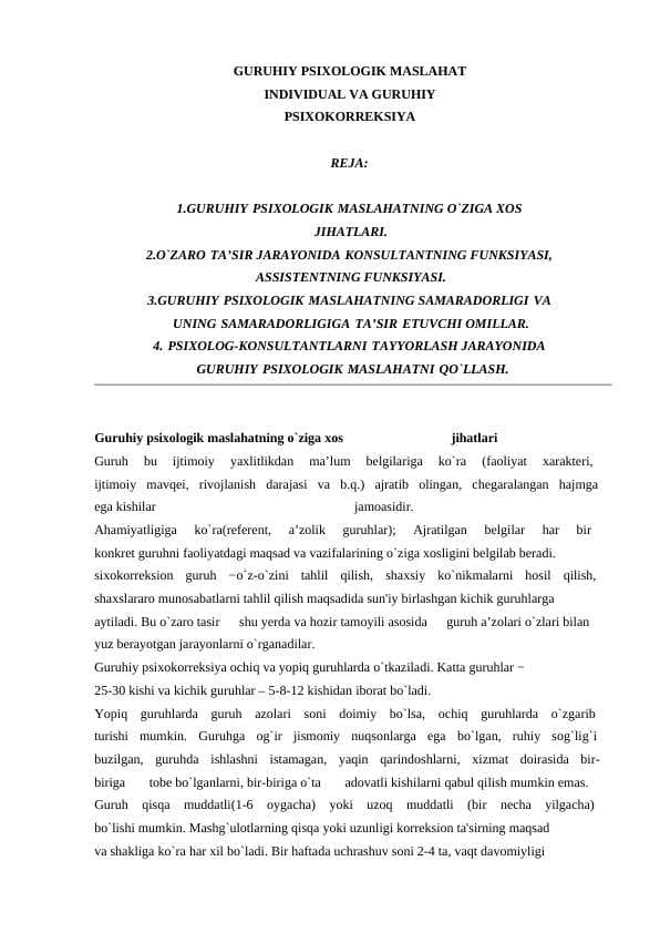 GURUHIY PSIXOLOGIK MASLAHAT  INDIVIDUAL VA GURUHIY  PSIXOKORREKSIYA