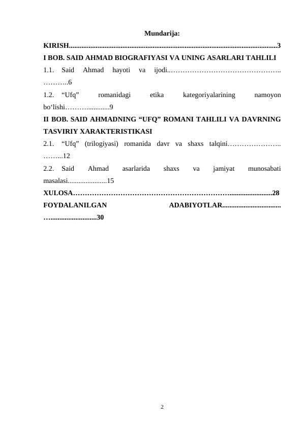 SAID AHMADNING “UFQ” ROMANI TAHLILI VA DAVRNING TASVIRIY XARAKTERISTIKASI