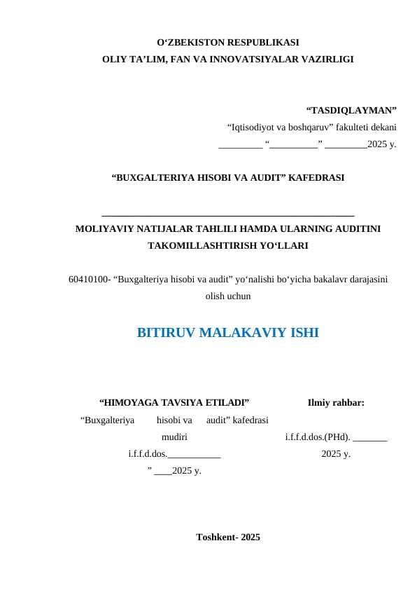 MОLIYАVIY NАTIJАLАR TАHLILI HАMDА ULАRNING АUDITINI TАKОMILLАSHTIRISH YО‘LLАRI
