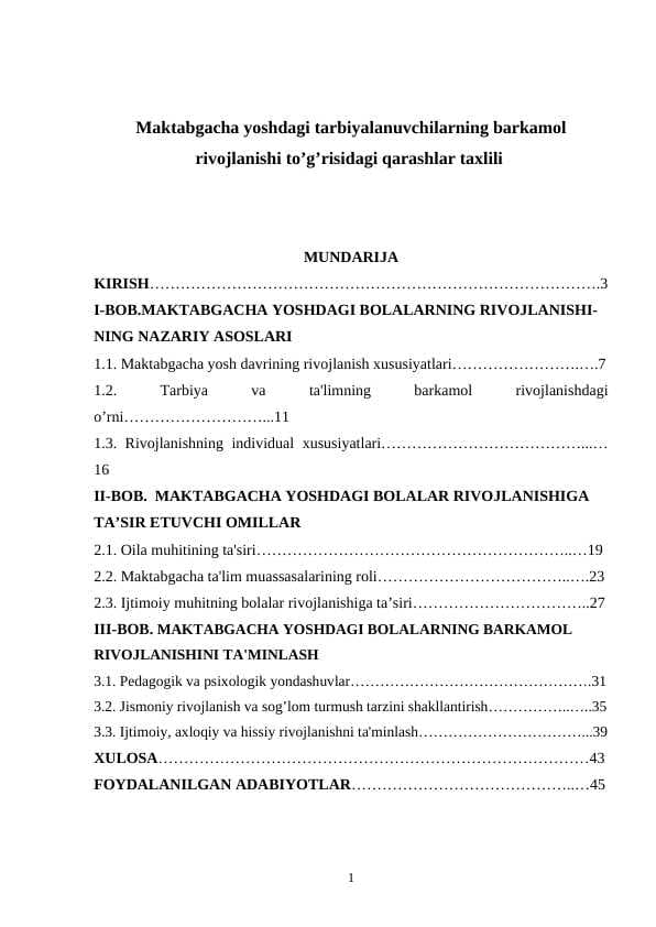 Maktabgacha yoshdagi tarbiyalanuvchilarning barkamol rivojlanishi to’g’risidagi qarashlar taxlili