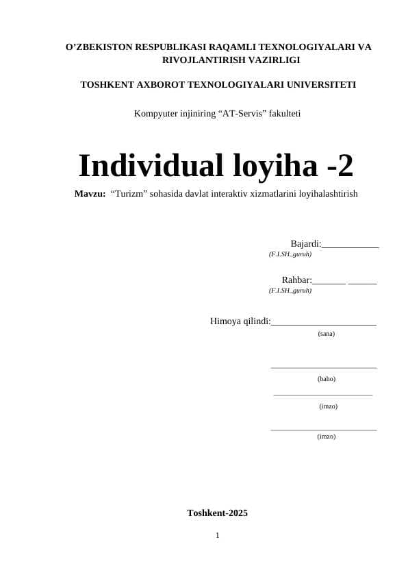 “Turizm” sohasida davlat interaktiv xizmatlarini loyihalashtirish individual loyiha