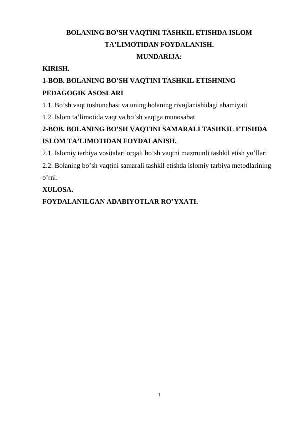 Bolaning bo’sh vaqtini tashkil etishda islom ta’limotidan foydalanish