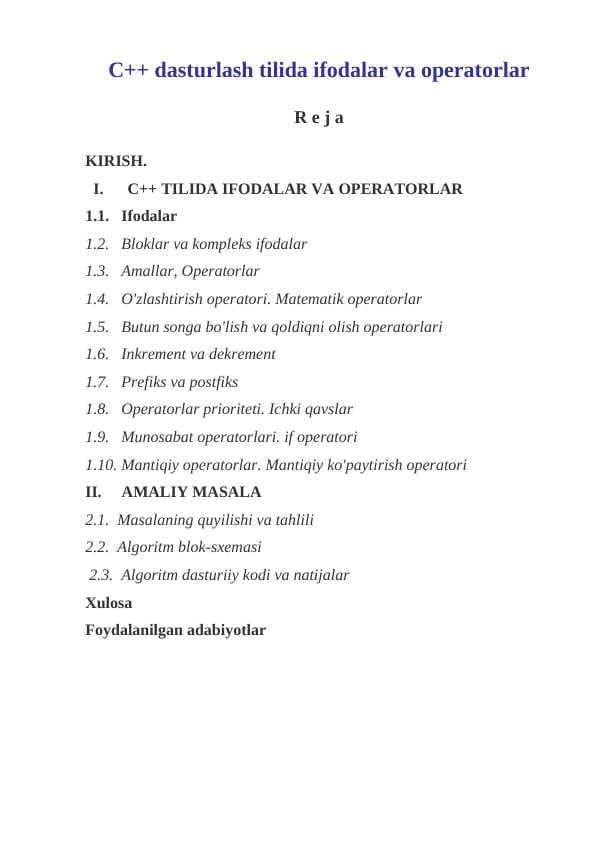 C++ dasturlash tilida ifodalar va operatorlar