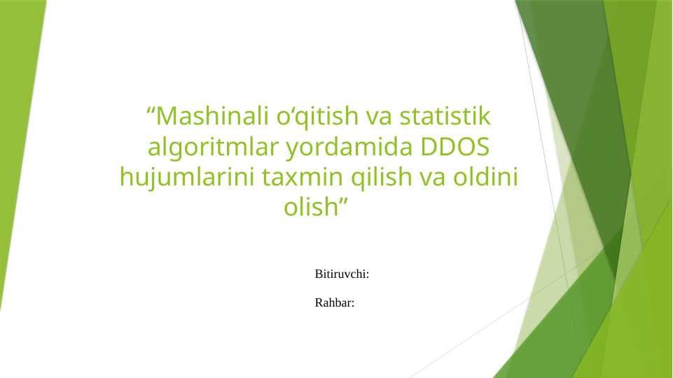 Mashinali o‘qitish va statistik algoritmlar yordamida DDOS hujumlarini taxmin qilish va oldini olish