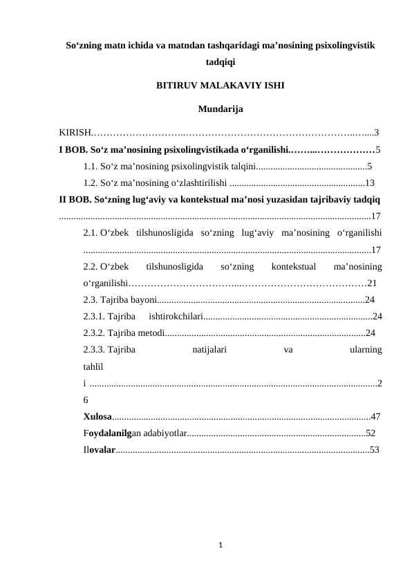 So‘zning matn ichida va matndan tashqaridagi ma’nosining psixolingvistik .BITIRUV MALAKAVIY ISHI