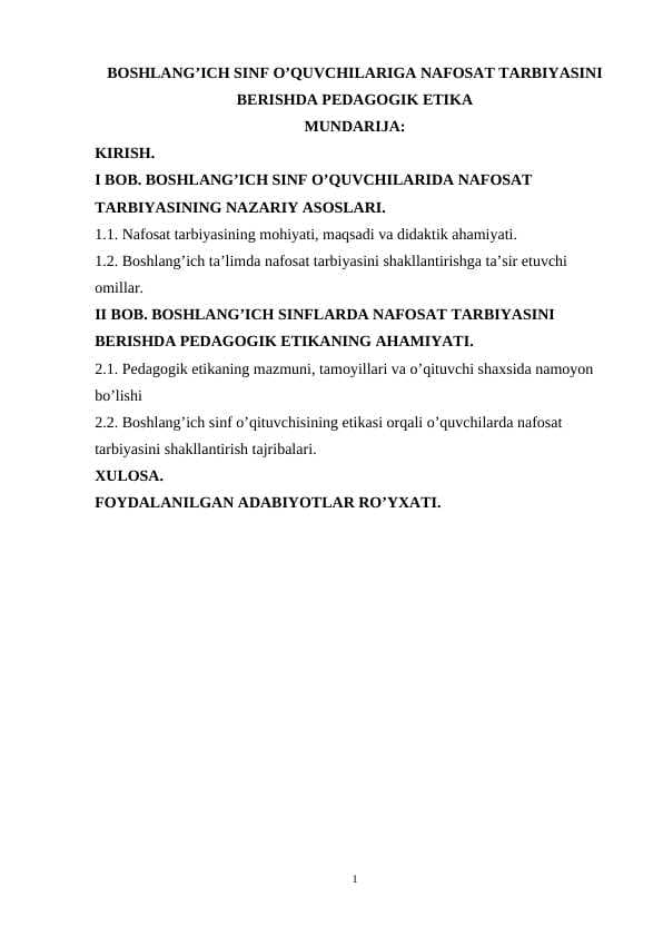 Boshlang’ich sinf o’quvchilariga nafosat tarbiyasini berishda pedagogik etika