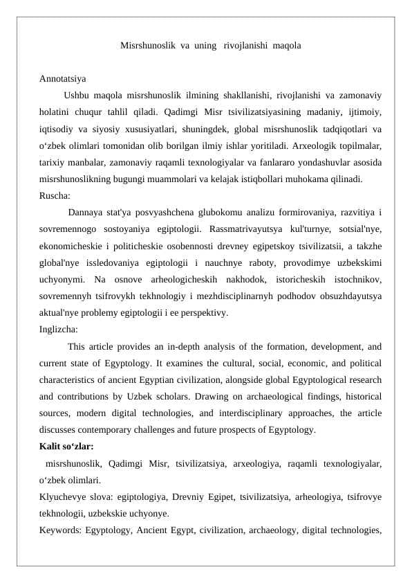 Misrshunoslik va uning rivojlanishi maqola 25