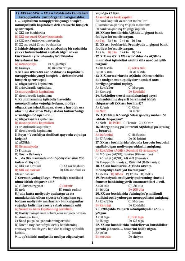 9 jahon mavzulashgan test tayyor javoblari bilan TARIX