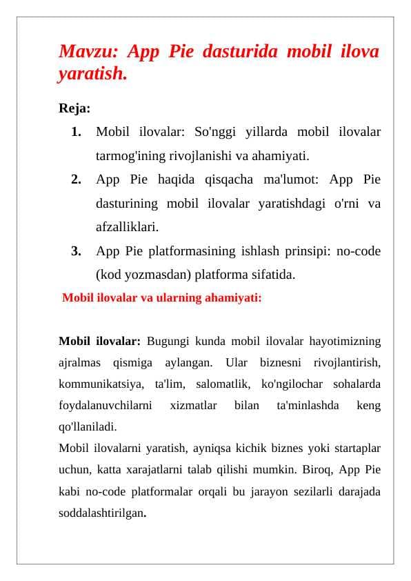 App Pie dasturida mobil ilova yaratish.