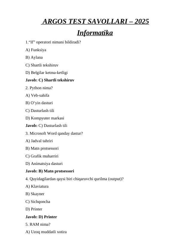 ARGOS TEST SAVOLLARI – 2025