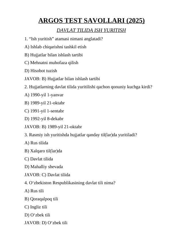 ARGOS TEST SAVOLLARI (2025) Davlat tilida ish yuritish