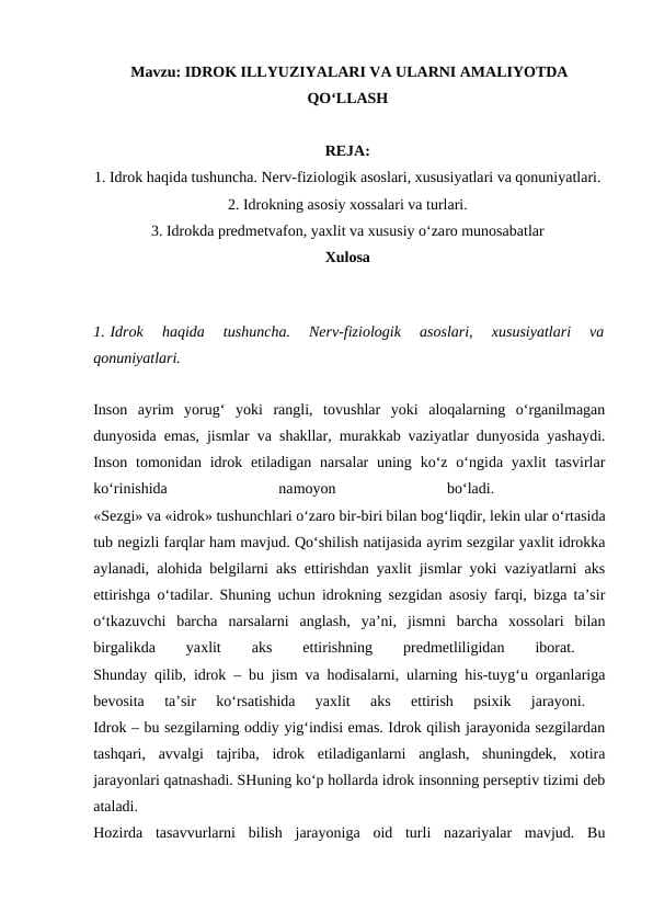 IDROK ILLYUZIYALARI VA ULARNI AMALIYOTDA QO‘LLASH