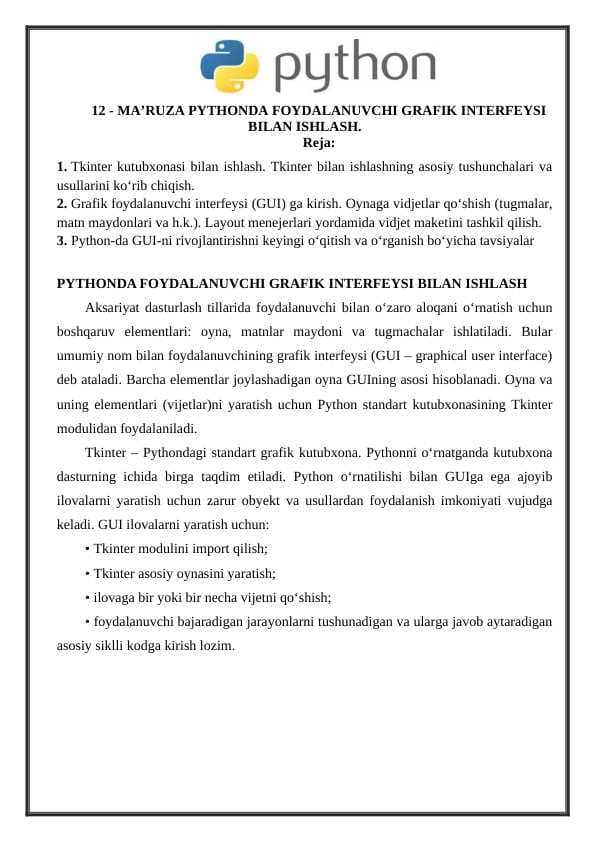 PYTHONDA FOYDALANUVCHI GRAFIK INTERFEYSI BILAN ISHLASH