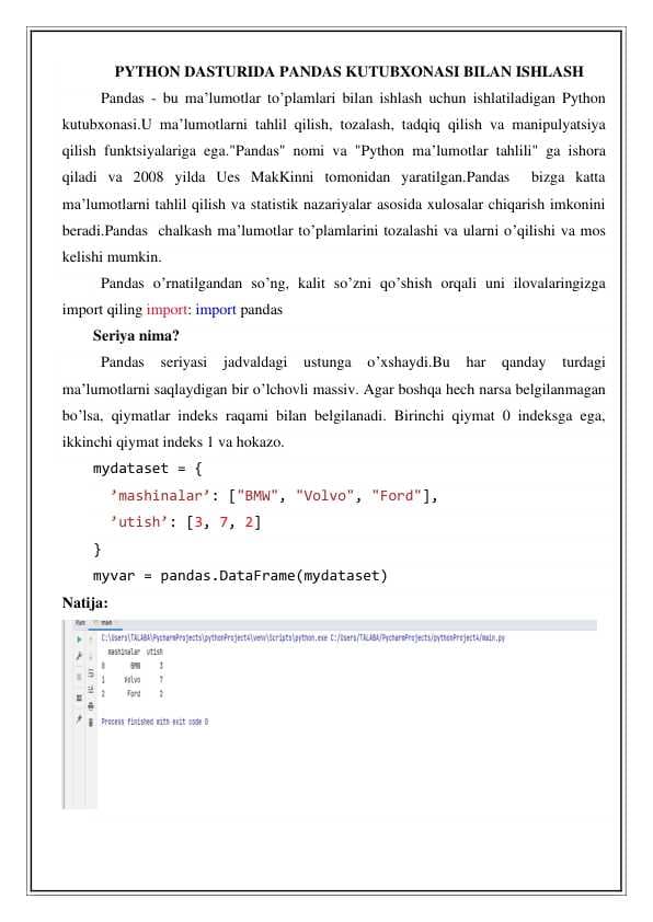 Python dasturida pandas kutubxonasi bilan ishlash