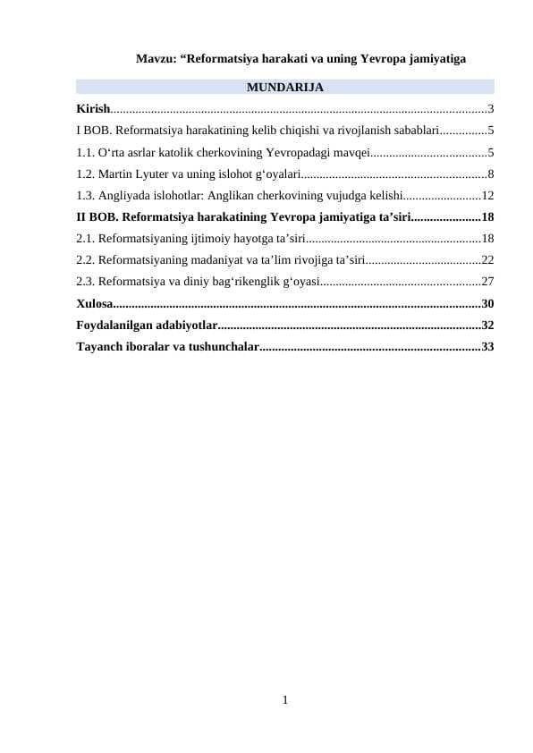 “Reformatsiya harakati va uning Yevropa jamiyatiga