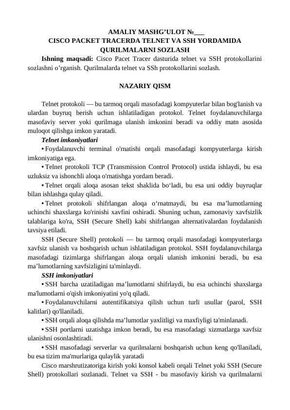 CISCO PACKET TRACERDA TELNET VA SSH YORDAMIDA QURILMALARNI SOZLASH