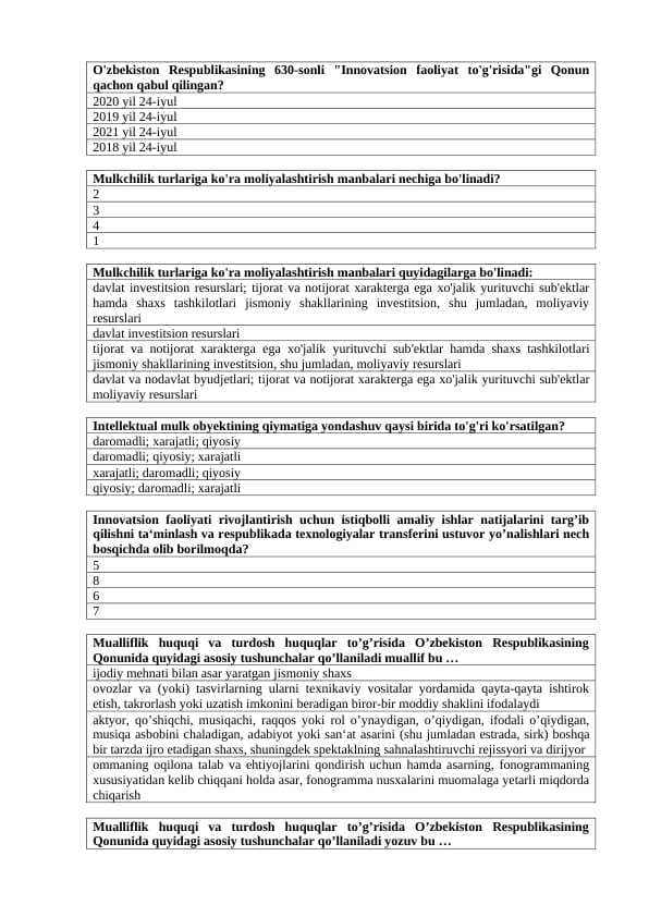 Innovatsion iqtisodiyot yakuniy testlar